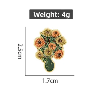 Emaille-Anstecknadel im Sonnenblumen-Vasen-Stil mit Goldbeschichtung und Malerei