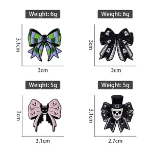 Gothic Halloween enamel pins set featuring skeleton, ghost and bat bow tie motifs