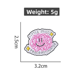 Pink Little Miss Procrastinator enamel pin with funny yarn ball design and dimensions