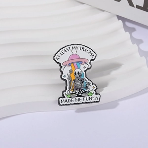 Skeleton drinking under UFO rainbow beam enamel pin with trauma made me funny text