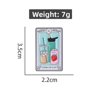 Three of Cups Tarot card enamel pin featuring modern coffee and soda drink designs