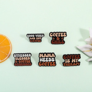 Creative coffee series metal badges with retro slogans on a fresh decorative background