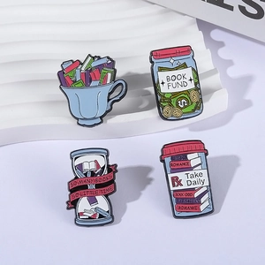 Creative book series enamel pin set featuring coffee cup and hourglass book designs