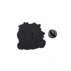 Detailed back view of enamel pin with black metal finish and rubber clutch fastener