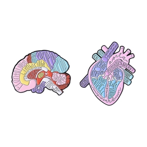 Colorful brain and heart anatomy enamel pins set in polished alloy finish