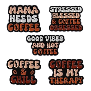 5-piece set of enamel coffee theme pins with inspirational text in warm beige tones