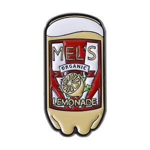 Retro Mel's Organic Lemonade enamel pin badge with vibrant red can and lemon design