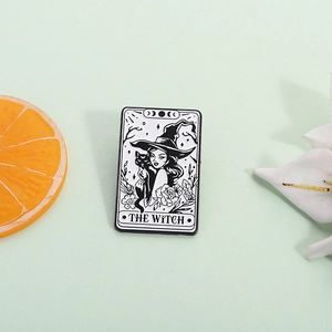 Halloween tarot witch and black cat enamel pin with The Witch text and floral details