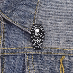 Halloween Punk Skeleton Enamel Pin Memento Mori Coffin Badge on Denim Jacket Lapel