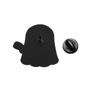 Detail view of the black enamel pin back with durable rubber clutch and metal needle