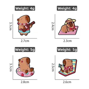 Set of four cute cartoon capybara enamel pins showing vacation themes on white background