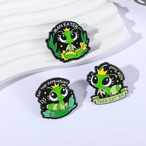 Cartoon mantis queen enamel pins set with social slogan lettering for women accessories
