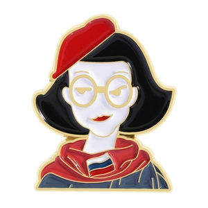 Detail of Russian matryoshka style enamel pin with a vintage woman and flag design