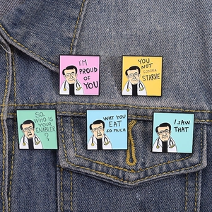 Funny geometric enamel pins set with cartoon doctor illustrations and quotes on denim jacket