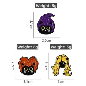 Pins en émail chat noir rigolo avec chapeau de sorcière et perruques colorées, broches
