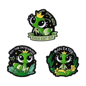Set of three green cartoon praying mantis enamel pins with feminist slogans for jackets