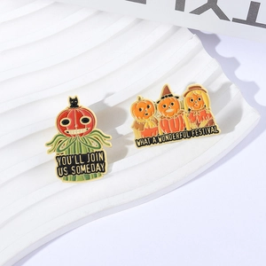 Halloween cartoon pumpkin enamel pin set with creepy scarecrow and black cat design