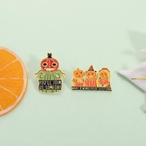 Cartoon Halloween pumpkin enamel pin set featuring unique festive character designs