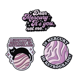 3-piece purple Mercury Retrograde enamel pin set with black cat and cosmic planet designs