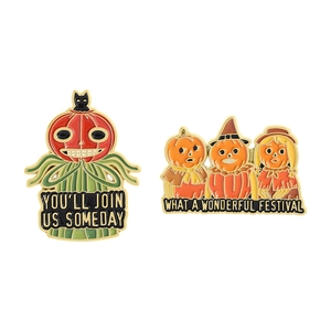 Cartoon pumpkin pins with Over the Garden Wall style characters and spooky quotes