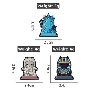 Creative enamel cat pins set featuring Statue of Liberty and Pharaoh cat designs
