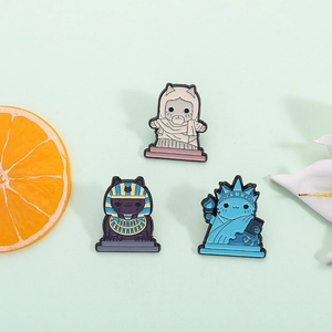 Three-piece set of cute cat world landmark enamel pins featuring Sphinx and Statue of Liberty