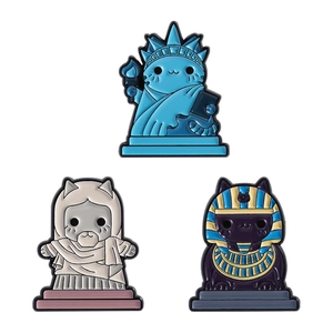 Creative enamel cat pins set featuring Statue of Liberty and Pharaoh cat designs