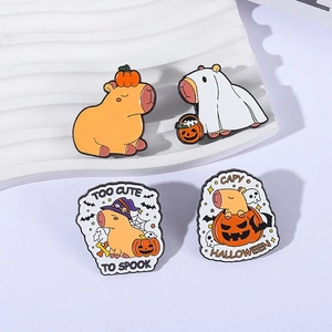 Set of four cute Halloween capybara enamel pins with pumpkin and ghost costumes