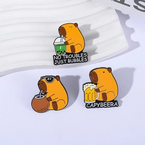Funny Capybara enamel pin set featuring cartoon animals drinking tea and beer decorations