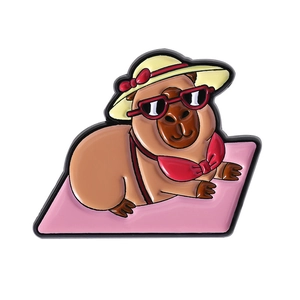 Creative Capybara enamel pin with pink sun hat and red bikini fun metal animal brooch