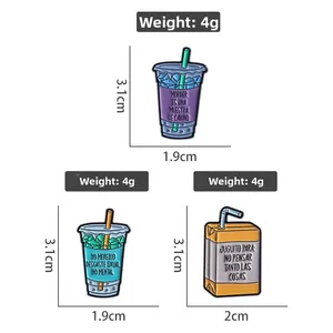 Cartoon enamel beverage pins set featuring milk tea and juice box designs, 3.1cm height