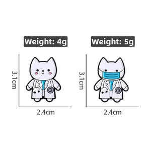 Cute white cat doctor enamel pins with stethoscope detail and size dimensions