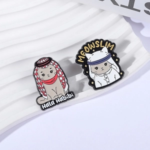 Cartoon enamel cat pins set featuring Arab style keffiyeh and Meowslim themed design