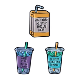 Cartoon milk tea and juice enamel pin set with creative lettering for clothing decor