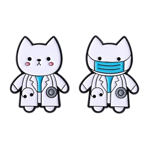Cute white cat doctor brooches with stethoscope and medical mask cartoon pins