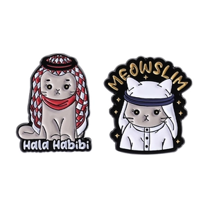 Cute Muslim cat enamel pins set featuring Hala Habibi and Meowslim creative designs