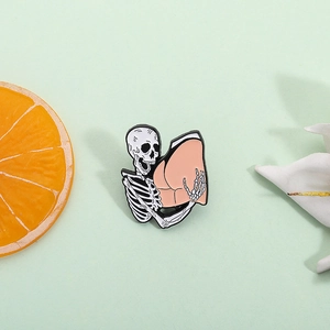 Creative cartoon skeleton embracing pink peach enamel pin accessory for bags and clothing