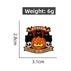 Halloween enamel pin with pumpkin and black cats featuring Happy Meow-o-ween text