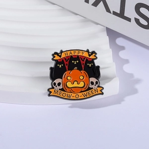 Halloween enamel pin with black cats and pumpkin featuring Happy Meow-o-ween text