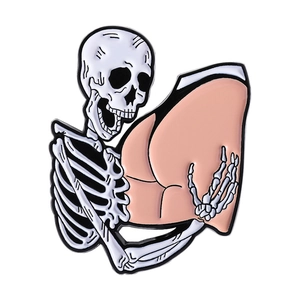 Halloween skeleton hands hugging buttocks cartoon metal pin with black thong design