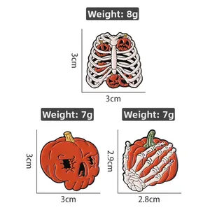 Set of 3 Halloween skeleton enamel pins with pumpkin designs for spooky festive accessories