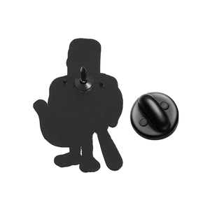 Detail view of the black alloy enamel pin back with secure rubber clutch and metal needle