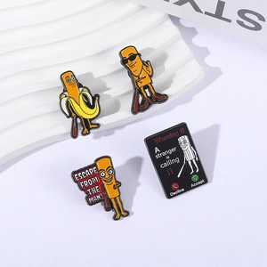 Cartoon alloy enamel pins set featuring weird hotdog and banana characters with baseball bats