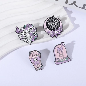 Gothic Halloween enamel pins set featuring skeleton, moon, coffin and tombstone designs