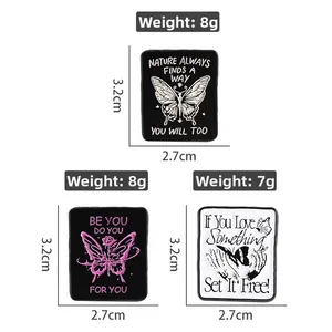 Three square enamel butterfly brooches with inspirational quotes on polished alloy