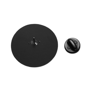 Detailed view of black round badge back pins with matching rubber clutch fasteners