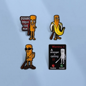Funny banana and stick man enamel pins with Escape and Warning stranger call designs