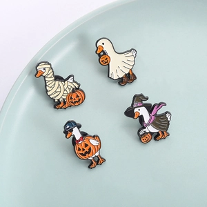 Halloween duck enamel pins set featuring mummy, ghost, witch and pumpkin designs