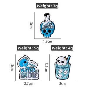 Three creative blue skeleton enamel pins featuring water bottles and drinks with dimensions