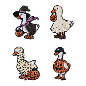 Set of 4 cute Halloween goose enamel pins featuring ghost pumpkin and witch designs